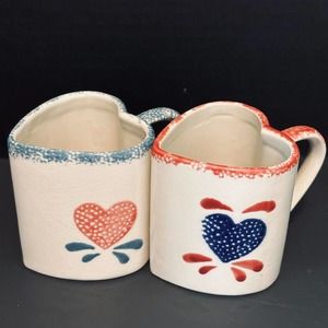 Hermitage Pottery Heart Mugs SET OF 2 Country Style Sponge design pink/blue VTG